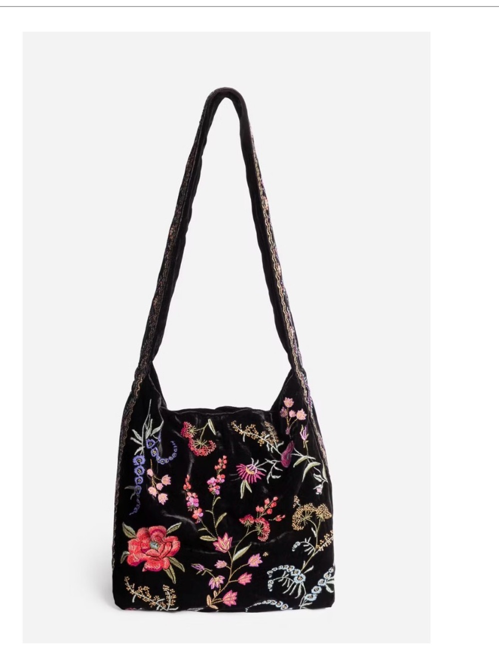 Johnny Was Black Velvet Floral Embroidered Shoulder Bag with Multicolor Blooms